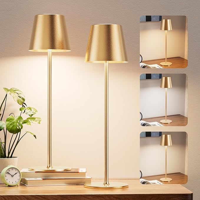 Cordless Table Lamp Rechargeable Gold - KK 2 Pack 5000mAH Battery Operated Lamp for Dining Table, 3 Color Stepless Dimming Waterproof LED Wireless Lamp for Counter, Outdoor Patio, Touch Control