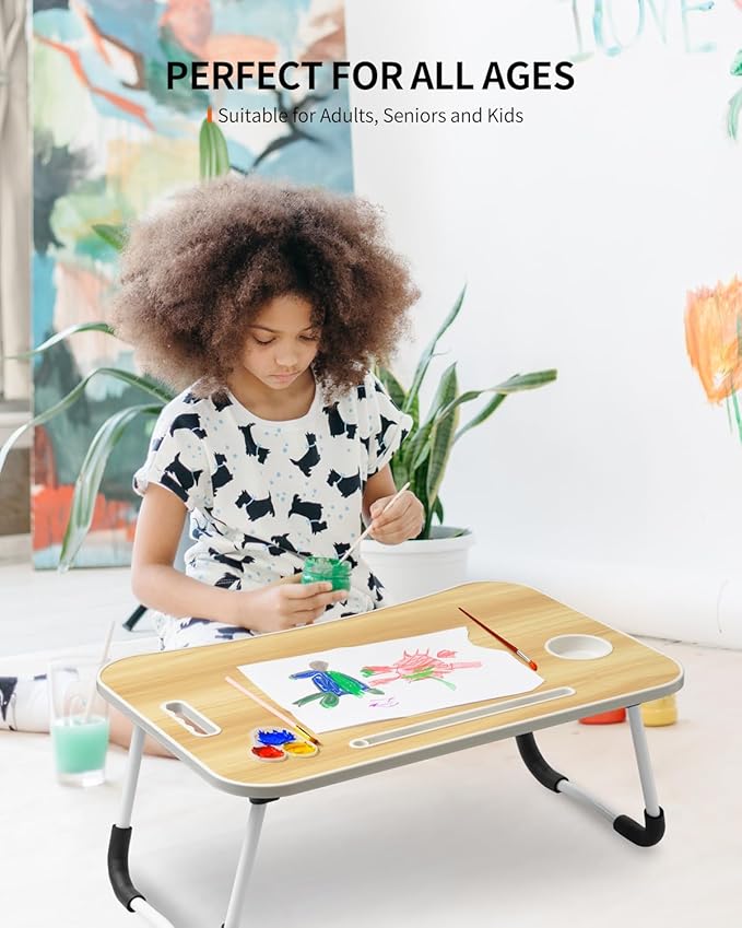 Foldable Laptop Table, Portable Lap Desk Bed Table Tray, Laptop Stand with Cup Holder & Tablet Slot & Lifting Handle for Working Writing Drawing & Eating (Wood)