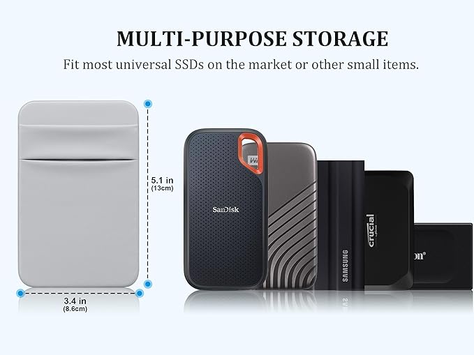 Lacdo Portable Hard Drive Sleeve for Laptop, 2-Pocket Stick on Pouch with Reusable Adhesive, for San Disk, Samsung, Crucial External Solid State Drive SSD Hard Drive Carrying Case Organizer, Gray