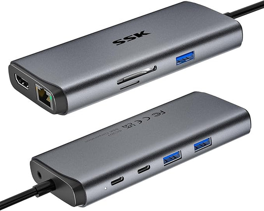SSK USB C Hub for Laptop, 10Gbps USB-C Dock with Ethernet, HDMI 4K 60Hz, 10 in 1 MacBook Docking Station Multiport Adapter for Laptops/Devices with HDMI, USB3.2, SD/TF, 100W PD, 3.5 mm Headphone