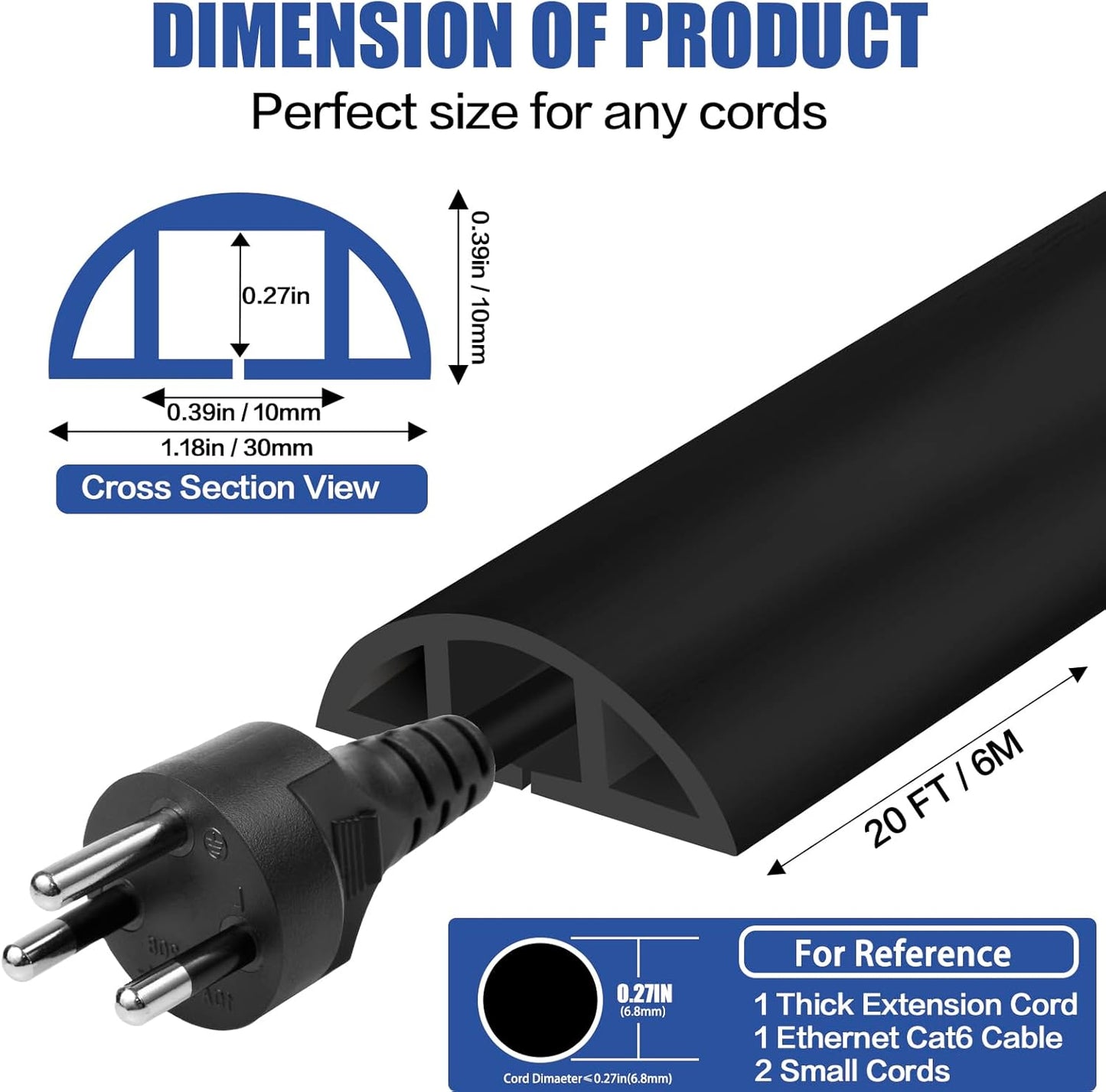 Floor Cord Cover Self Adhesive Cord Hider,20FT Cable Management, Extension Strip Protector for Wires, Prevent Cable Trips for Offices, Gyms, Exhibitions Cavity:0.39"(W) x 0.27"(H) Black