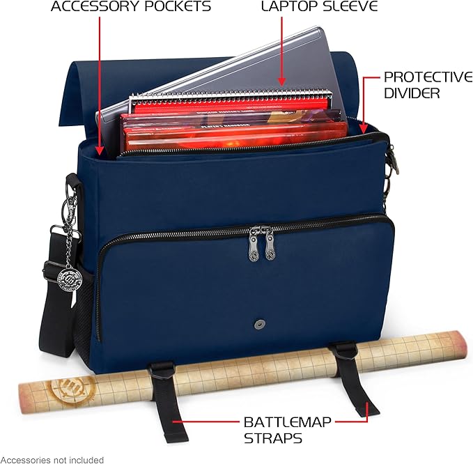 ENHANCE Collector's Edition RPG Player's Essentials DND Bag - Dragon Hide Exterior Messenger Bag Fits 2-4 Books, Binders, Dice & Accessories, with 17 inch Laptop Slot, Battlemap Straps (Dragon Blue)