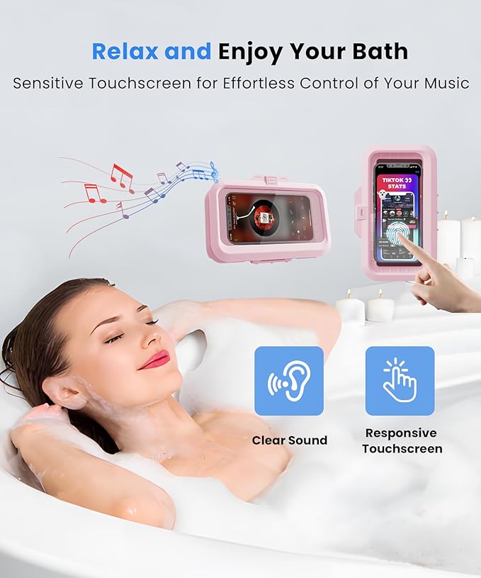 URROY Shower Phone Holder Waterproof One-Touch Open Shower Phone Case Anti-Fog & Sensitive Touchscreen Bathroom Wall Phone Mount Stand Universal Fit for iPhone & Smartphones Gift for Men Women Pink