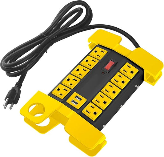 CCCEI Heavy Duty Power Strip with USB Ports, Garage 10 Outlets Surge Protector 2700 Joules, Industrial Workshop Metal 15Amp Multiple Outlets, 6 FT Extension Cord and Wide Spaced Black