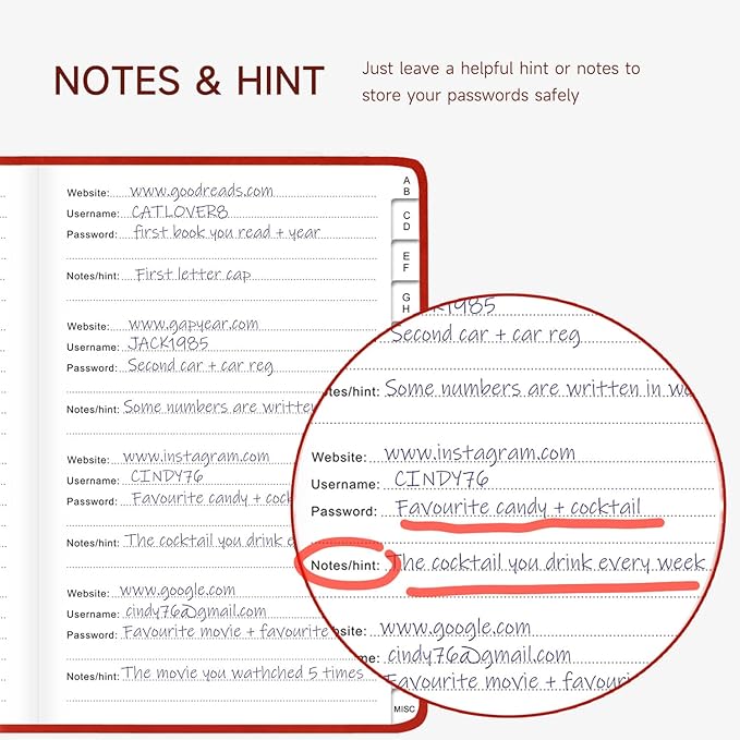 Password Book with Alphabetical Tabs – Hardcover Internet Address & Password Organizer – Password Keeper Notebook for Computer & Website – 5.2 x 7.6 Log-in Password Journal w/Thick Paper (Red)