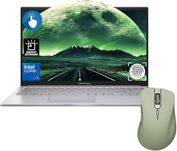 ASUS Vivobook 15 Laptop, 15.6" FHD+ Touchscreen, Intel Core 5 120U, 16GB RAM, 512GB SSD, Fingerprint, Backlit KB, HDMI, Wi-Fi 6, Windows 11 Home, Silver, Bundle with Thunderobot ML101 Wireless Mouse