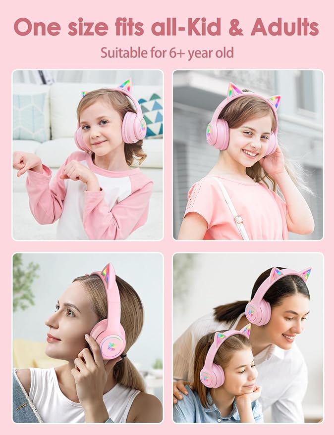 Cat Ear Bluetooth Headphones with Micphone for Kids & Adults, LED Light Up Wireless HI-FI Sound Quality, Over-Ear Headphones with Volume Control for iPhone/iPad/Laptop/PC(55H Play Time)