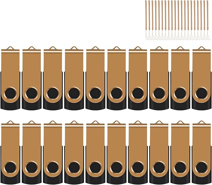 EASTBULL 8GB USB Flash Drive Bulk Thumb Drives 20 Pack with Lanyards USB 2.0 Memory Sticks Zip Drive Pen Drive for Storage and Backup Gold 20PCS 8GB