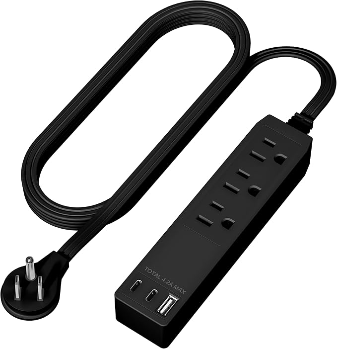 LIDER Outlet Extender with 3 Receptacles, USB Type-A and 2 USB Type-C Port, Ultra-Thin Flat-Plug with Cord Extender, 3-Outlet Power Strip, Slim Angled Design, UL-Listed, 5ft Cord, Black