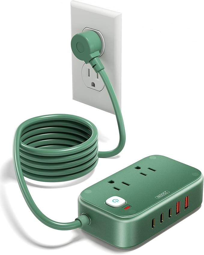 Travel Power Strip with USB C - 40W Charging Station with 2 Outlets 3 USB A & 2 USB C - Charger for Multiple Devices, 5Ft Flat Plug Extension Cord, Non Surge Protector for Cruise Travel Office(Green)