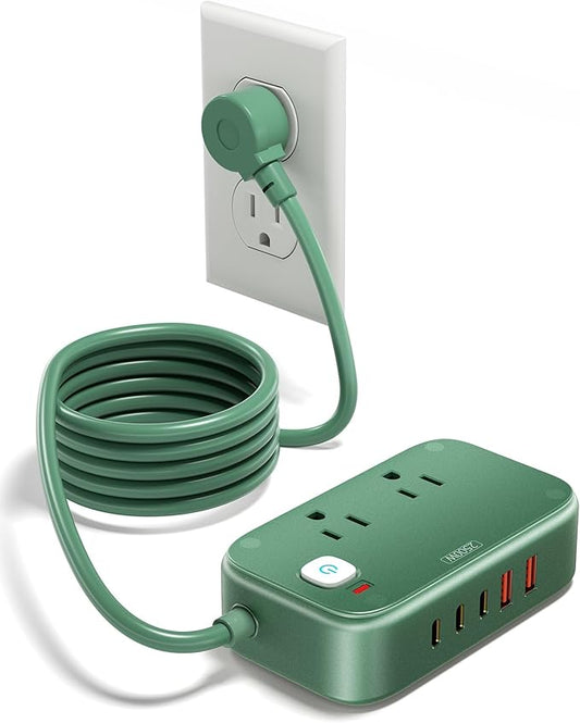 Travel Power Strip with USB C - 40W Charging Station with 2 Outlets 3 USB A & 2 USB C - Charger for Multiple Devices, 5Ft Flat Plug Extension Cord, Non Surge Protector for Cruise Travel Office(Green)