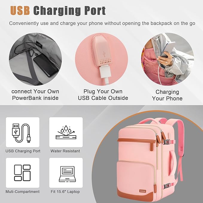 40L Travel Backpack with USB Charging Port, Water-Resistant Carry On Backpack for Men Women, Business Laptop Backpack for Trips & Commutes, Fits 15.6/17.3 Inch Laptop