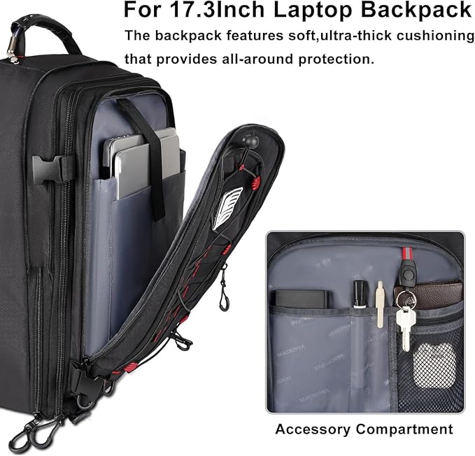 Vancropak Travel Backpack for Men, Extra Large 17.3 inch Laptop Backpacks, Flight Approved Sturdy Carry on Suitcase for Airplanes with 3 Packing Cubes, Expandable 50L Luggage Daypack Duffel Bag, Black