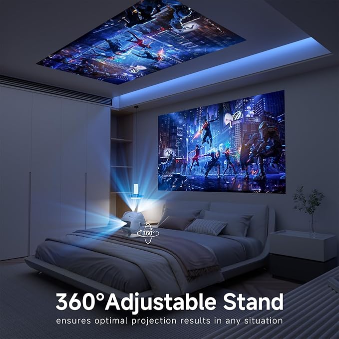 [360°Adjustable Stand] Mini Projector with WiFi and Bluetooth: Electric Focus & Auto Keystone 1080p Supported, 15000L,Multi-Device Compatible Outdoor Phone Projector - Visulapex Portable Home Theater