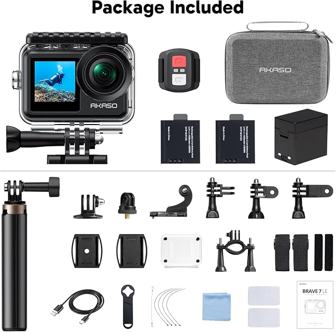 AKASO Brave 7 LE 4K60FPS 20MP WiFi Action Camera with Touch Screen EIS 2.0 Zoom Remote Control 131ft Waterproof Underwater Camera with Selfie Stick Extendable Tripod Stand and Carrying Case Bundle