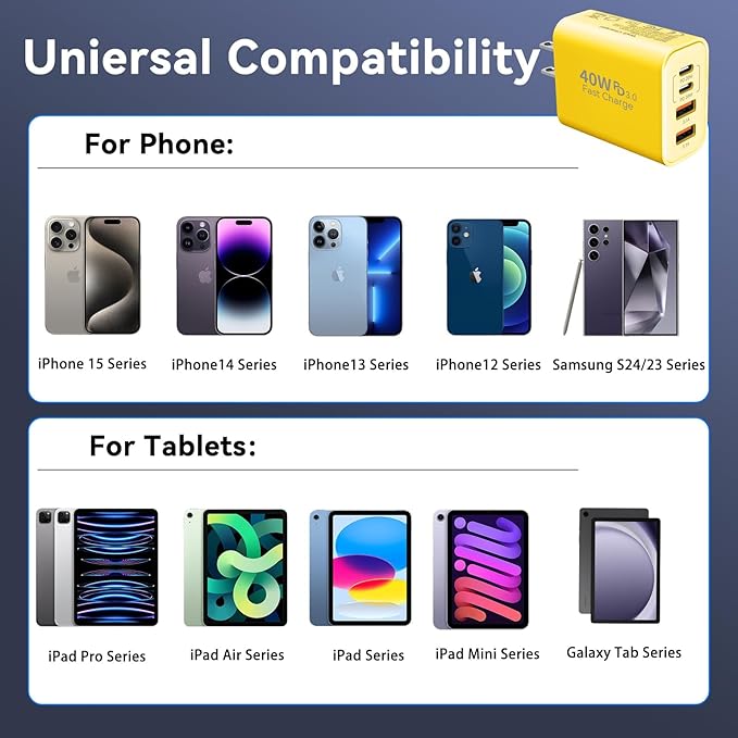 USB C Wall Fast Charger Block, 40W 4-Port Type C Chargers Fast Charging Blocks PD Power Charger Adapter+QC 3.0 USB Multiport Charger Brick for Phone 17/16/15/14/13/12 Pro Max, i-Pad, Galaxy S25-2Pack