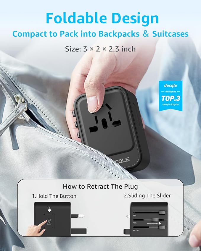 Universal Travel Adapter, International Travel Plug Adapter with 2 USB-C(PD 20W) ＆ 1 USB-A Ports, All in One Portable Adaptor, for USA, UK, EU, AU ＆ 224+ Countries (Black) US