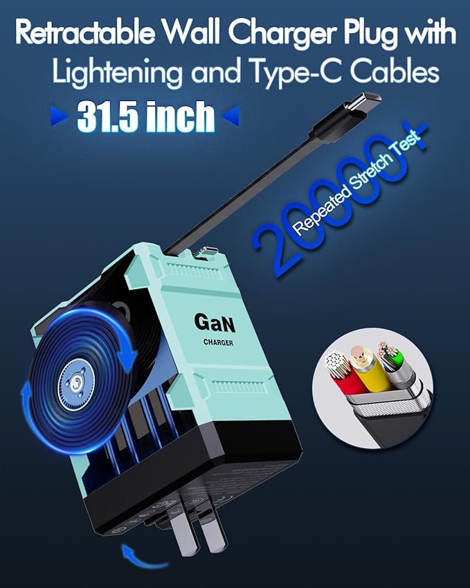 W&O 45W GaN Charger Fast Charging,Retractable Phone Charger Wall Plug with Lightening and Type-C Cables,for iPhone16/15/14/13/12/11 Series, Galaxy S25 24,Android and More (Blue)