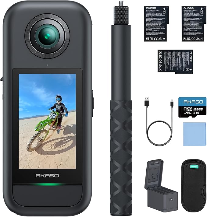 AKASO 360 Weatherproof 360° Action Camera - 5.7K 360 Video with 1/2" 48MP Sensors, 72MP 360 Photo, 360-SuperSmooth, Invisible Selfie Stick, 360° Horizon Lock, AI Tracking with 128GB MicroSD Card