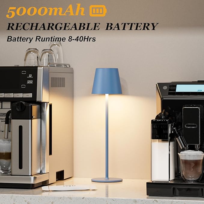 Kakanuo Cordless Table Lamp Rechargeable Blue - KK 2 Pack 5000mAH Battery Operated Lamp for Dining Table, 3 Color Stepless Dimming Wireless Lamp for Counter, Outdoor Patio, Touch Control