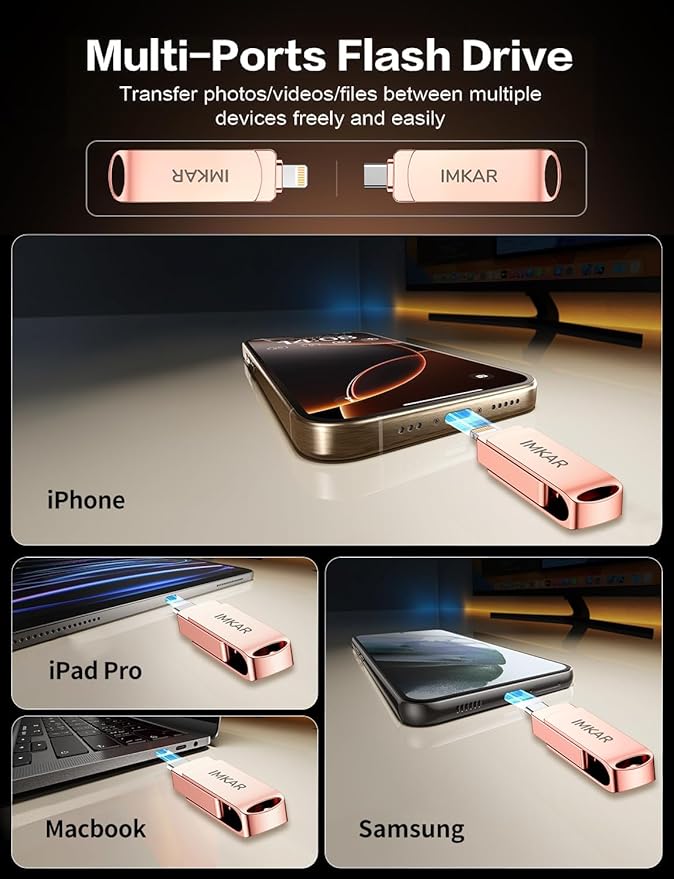 MFi Certified 256GB Flash Drive for iPhone iPad, IMKAR Memory Stick Storage for Photos Videos, Compatible with iPhone iPad Android and PC, Plug and Play No Application Required (Rose Gold)