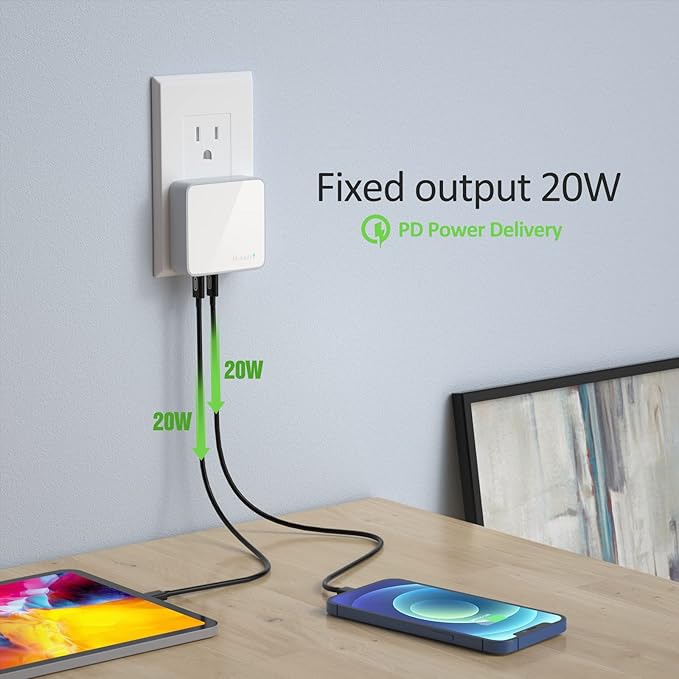 Nekmit USB C Charger, 52W 4-Port Thin Flat Fast Wall Charger Type-C Charging Station with Two 20W PD 3.0 and 2 USB Ports for iPhone 14/14 Pro/14 Pro Max, iPad Pro, AirPods, Galaxy, Android and More