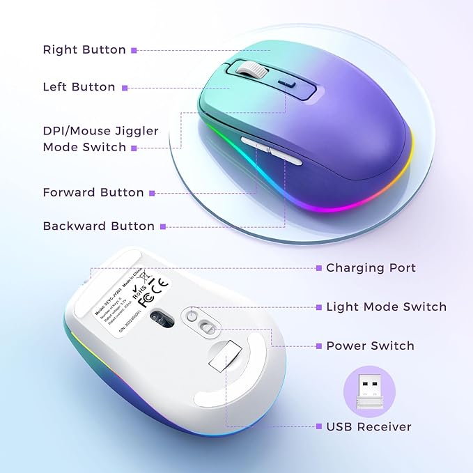 PEIOUS Wireless Mouse Jiggler - LED Wireless Mice with Build-in Mouse Jiggler Mover, Rechargeable Moving Mouse for Computer with Undetectable Random Movement Keeps Computer Awake - Gradient Purple