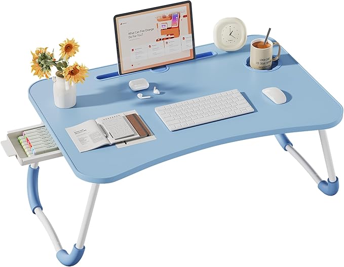 Lap Desk Bed Trays for Eating and Laptops Breakfast in Bed Tray for Sofa/Couch/Study/Reading/Writing with Cup Holder/Drawer On Low Sitting Floor Large Portable Foldable (Blue)