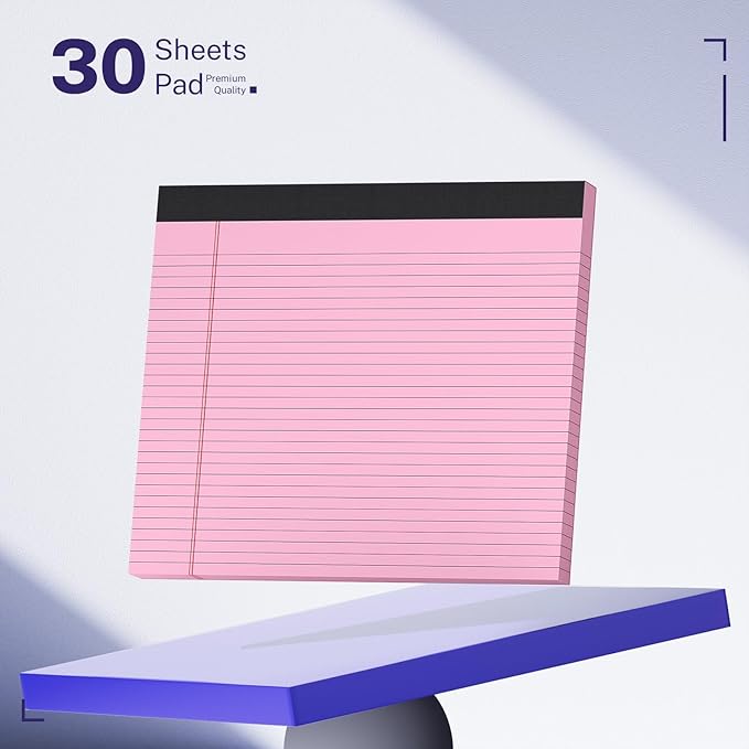 5 Pack Wide Legal Pads 11" x 9.5" Landscape White Pink Purple Blue Green College Ruled Note Pad Narrow Ruled 30 Sheets per Notepad Perforated Writing Paper Thick Backboard Horizontal Pads of Paper