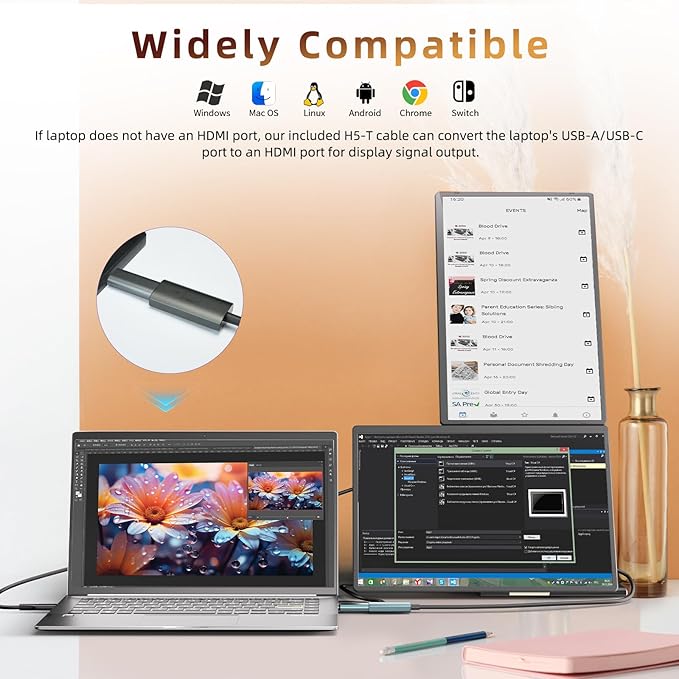 Laptop Screen Extender 2.5K Monitor - 16" Triple Portable Monitor 2560x1600P QHD 100% sRGB IPS 235° Rotation Detachable Screen Design Extra Compatible with Mac Wins Dex Chrome Fits 13"-17" Laptops