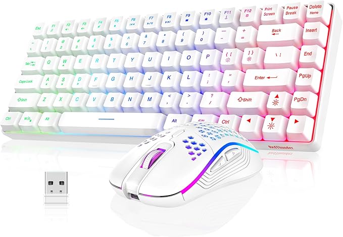 RedThunder K84 Wireless Keyboard and Mouse Combo, Rainbow Backlit Rechargeable Battery, 75% Layout TKL Ultra Compact Gaming Keyboard & Lightweight 3200 DPI Honeycomb Optical Mouse (White)