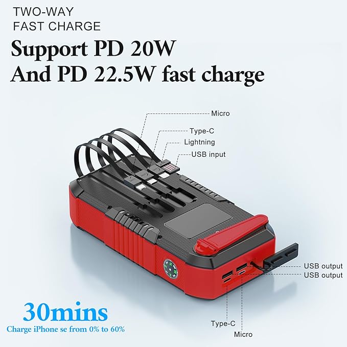 Solar Power Bank 66800mAh Built in Hand Crank and 4 Cables 22.5W Fast Charge,Camping Essentials/SOS/Strobe/Strong Flashlights,Compass Solar Portable Charger Power Bank (Red)