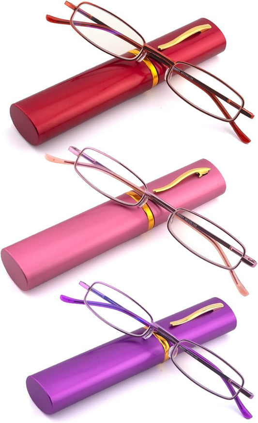 3 Pack Slim Pocket Reading Glasses for Men Women Blue Light Blocking Compact Readers Spring Hinge Metal Frame