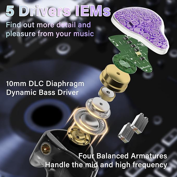 BASN Bmaster5 in Ear Monitors, 1DLC Diaphragm+4BA 5 Drivers IEM Earphones with Silver-Plated OFC Cable, Noise Isolation Wired Earbuds for Musicians (Purple)