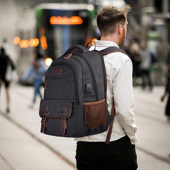 Mactso Canvas Travel Laptop Backpack for Men Women, Business Work Rucksack College Computer Bag Fits 17.3 Inch Notebook,Bookbag with USB Charging Port (Black, 17.3 Inch)