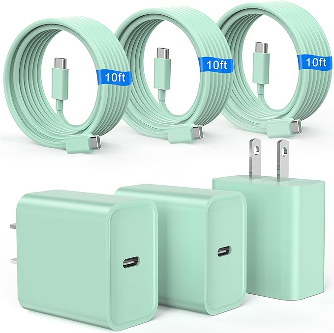 iPhone 17 16 15 Charger Fast Charging, 3 Pack PD 20W USB C Charger with 10FT Cord, USB C Cable Type C Chargers Block for iPhone 17/17 Pro/17 Pro Max/16/16 Plus/16 Pro/16 Pro Max/15/15 Pro（Green）