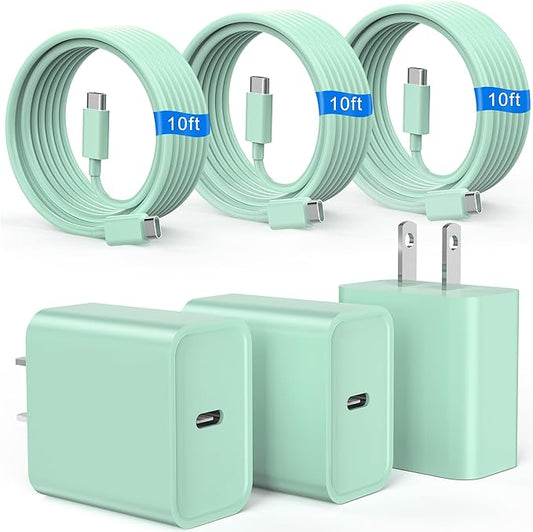 iPhone 17 16 15 Charger Fast Charging, 3 Pack PD 20W USB C Charger with 10FT Cord, USB C Cable Type C Chargers Block for iPhone 17/17 Pro/17 Pro Max/16/16 Plus/16 Pro/16 Pro Max/15/15 Pro（Green）