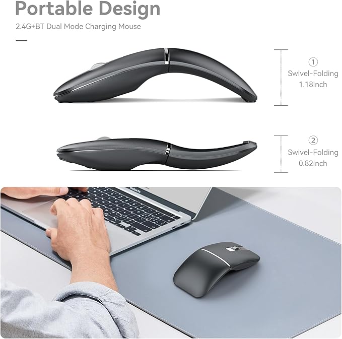 Nidiox Rechargeable Travel Wireless Mouse, Bluetooth and 2.4G Dual Mode, Ergonomic Rotatable Design, 3-Level DPI, Silent Click, Portable for Laptop, PC, Mac (Black)