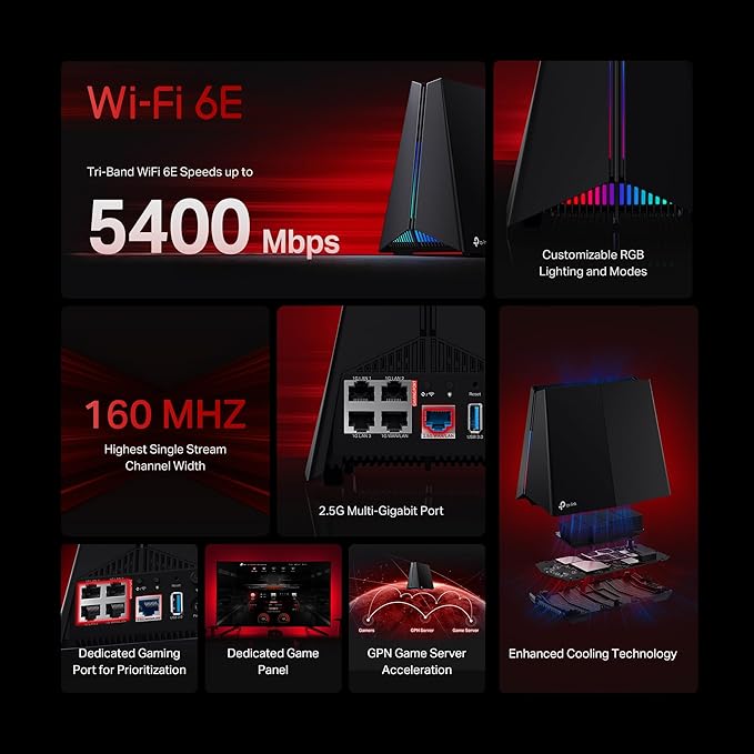 TP-Link Tri-Band AXE5400 Wi-Fi 6E Gaming Router Archer GXE75 | 6-Stream 5.4 Gbps | 1×2.5G + 4×1G Ports, USB 3.0 | Exclusive Acceleration, Gaming Port & Panel, RGB Lighting | EasyMesh, HomeShield