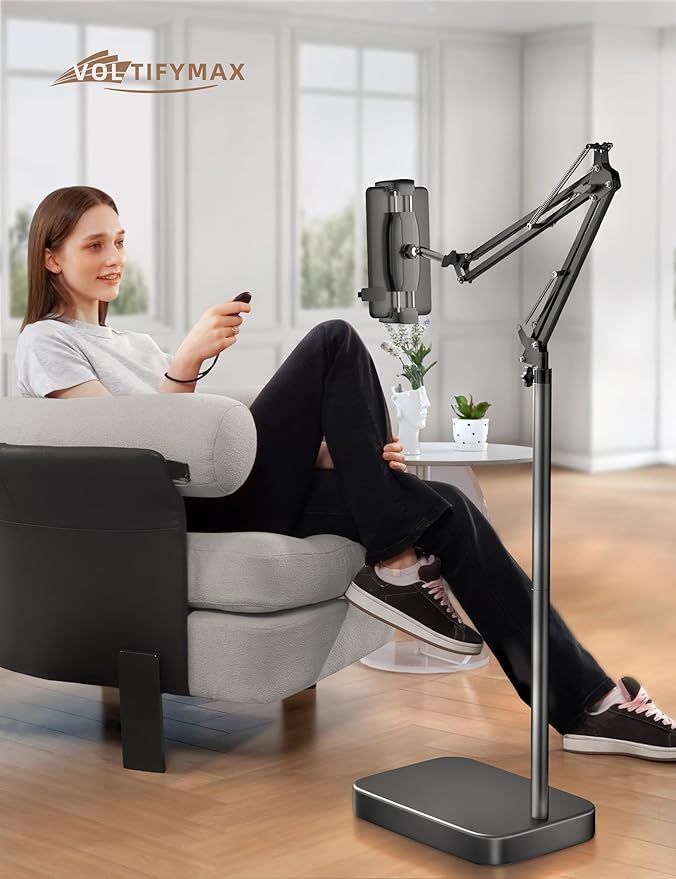 Kindle Floor Stand with Remote Page Turner, Tablet Stand with 11lb Stable Base, Adjustable Height Tablet Holder Mount, Compatible Kindles Tablets iPhones 4.7-12.9 inch