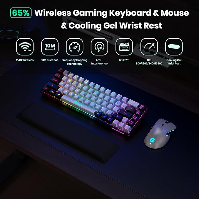 Wireless Gaming Keyboard and Mouse and Cooling Gel Wrist Rest, 68 Keys Compact Anti-ghosting No-Conflict Rechargeable Backlit Keyboard, 6D 3200DPI Mice, Cooling Gel Wrist Rest