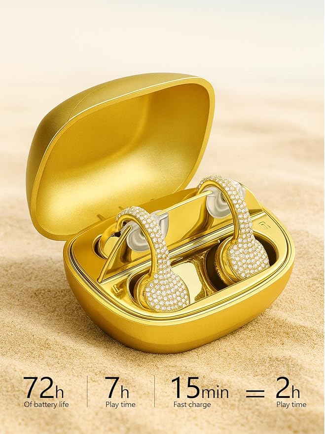 JewelPods C01 Wireless Earbuds,Open Ear Earbuds Jewelry-Inspired Designs Metal Clip-on,Excellent Spatial Audio,Sweat and Water Resistant,72H Play,Yellow Gold