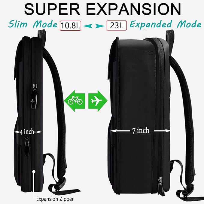 ZINZ Slim & Expandable Laptop Backpack 15.6 Inch, Computer Rucksack Water Resistant Bag, Anti-Theft Travel Daypack for Men and Women-Black
