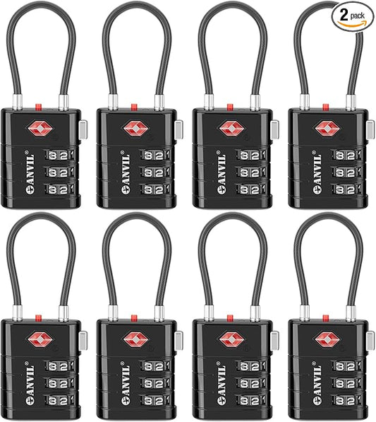 ANVIL TSA Approved Luggage Locks – High Security TSA008 Combination Travel Locks with Inspection Indicator for Suitcases and Backpacks. (8, Black)