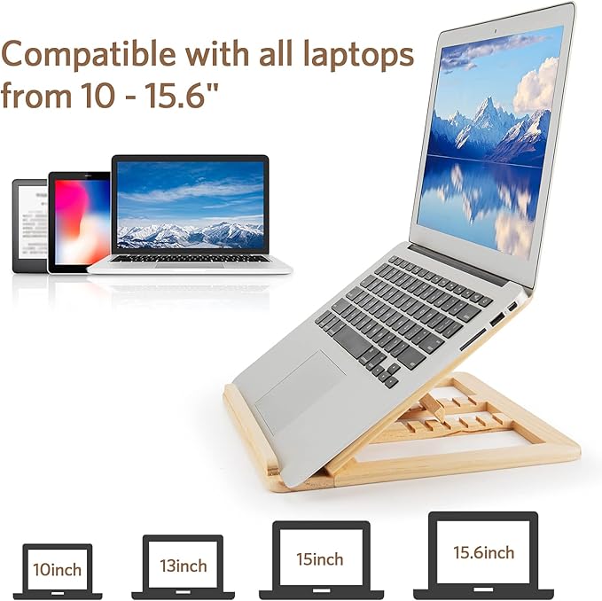 Wooden Laptop Stand for Desk with Free Phone Holder, Foldable and Adjustable Ergonomic Laptop Riser for 10-15.6 Inch Notebooks, Portable MacBook Stand (Natural Wood, Universal Fit)