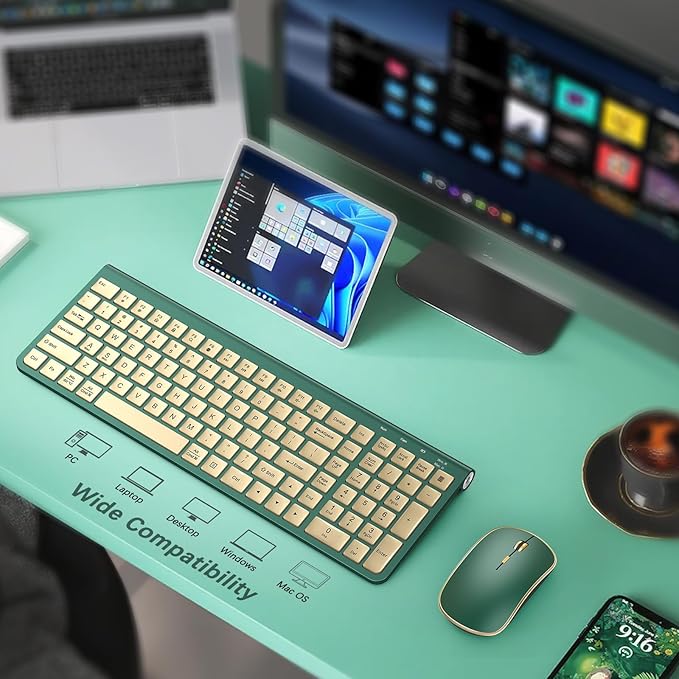 JOYACCESS Wireless Keyboard and Mouse Combo,2.4G Ergonomic Typewriter Keyboard with Type-C Receiver and Adjustable Tilt for Computer, Windows,Desktop, PC, Laptop-Cangling Green