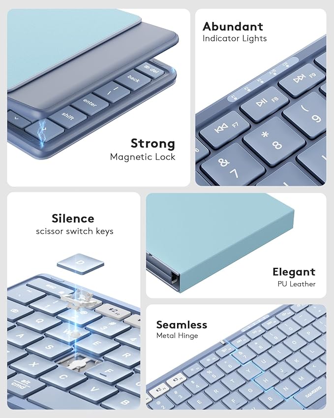 Samsers Full-Size Foldable Bluetooth Keyboard, KF08S Wireless Folding Keyboards with PU Leather Cover, Portable Travel for iPhone iPad Smartphone Tablet Laptop, Android Windows Mac OS, Blue