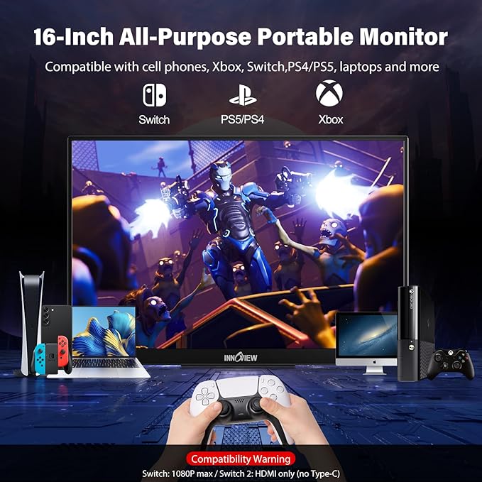 InnoView 16" 2K 240Hz Portable Monitor, 100% sRGB Portable Gaming Monitor Laptop Monitors Built-in Speakers 180° Adjustable Type-C HDMI IPS Eye Care External Second Screen for PS4 PS5 Switch Xbox PC