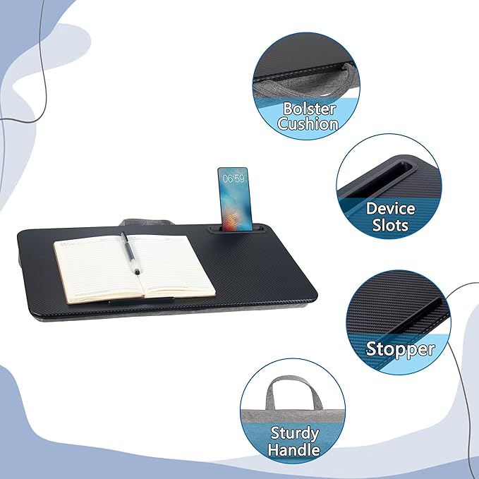 Portable Laptop Desk Fits Up to 16“ Laptops, with Tablet Slot, Built-in Cushion, Great for Home & Office,Lap Desk for Laptop,Lap Desk with Cushion (Black, Large)