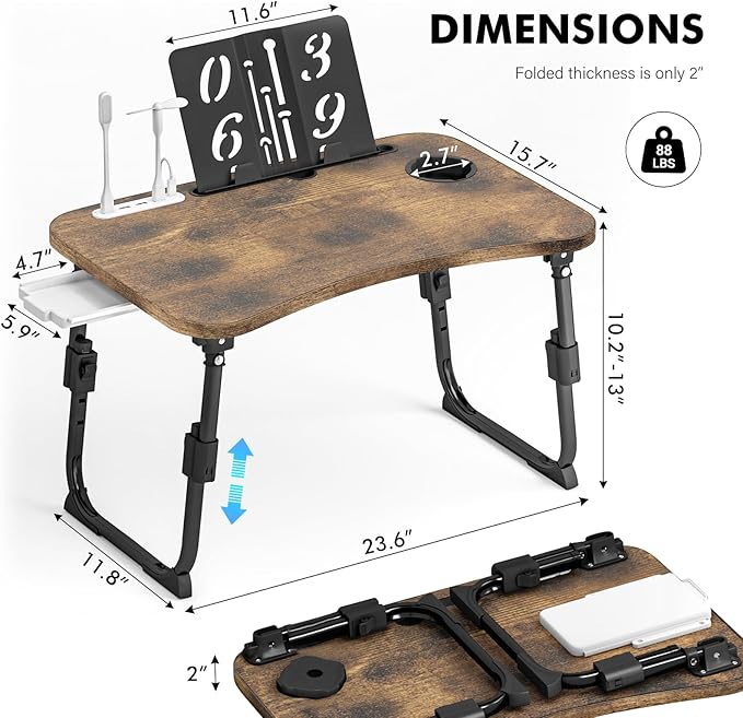 Lap Desk for Bed Adjustable Height, Foldable Bed Table with Storage Drawer, Tablet Slot & Cup Holder, Portable Laptop Stand for Bed & Sofa, Bed Desk for Adults & Kids, Carbonized